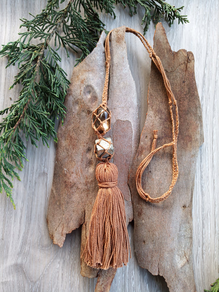 I'm in a 'Shit Place' - macrame necklace Smokey Quartz and Pyrite