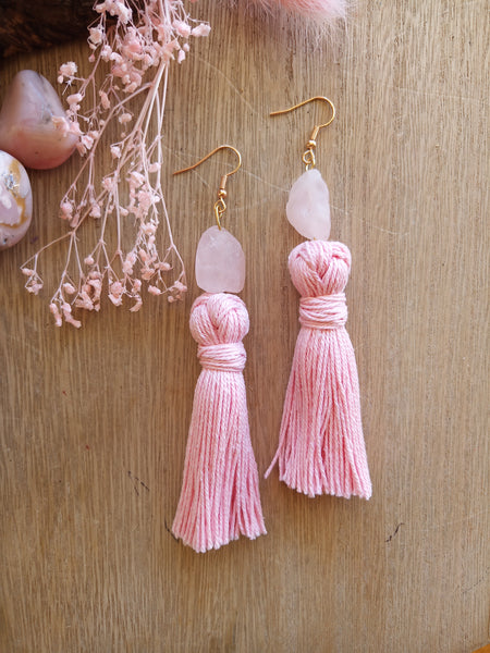 Pink tassel earrings with Rose Quartz